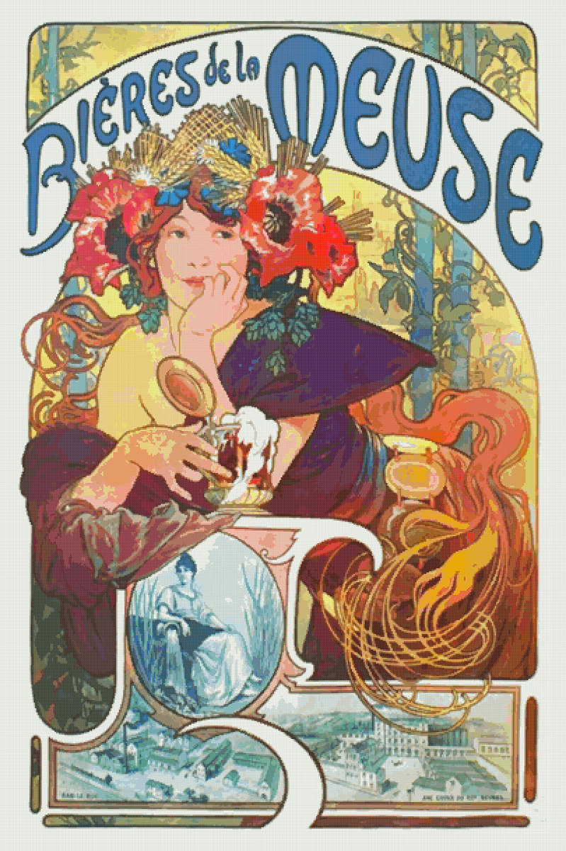 Vintage Mucha 'Bieres de la Meuse' Cross Stitch Pattern (PDF) - Image 2
