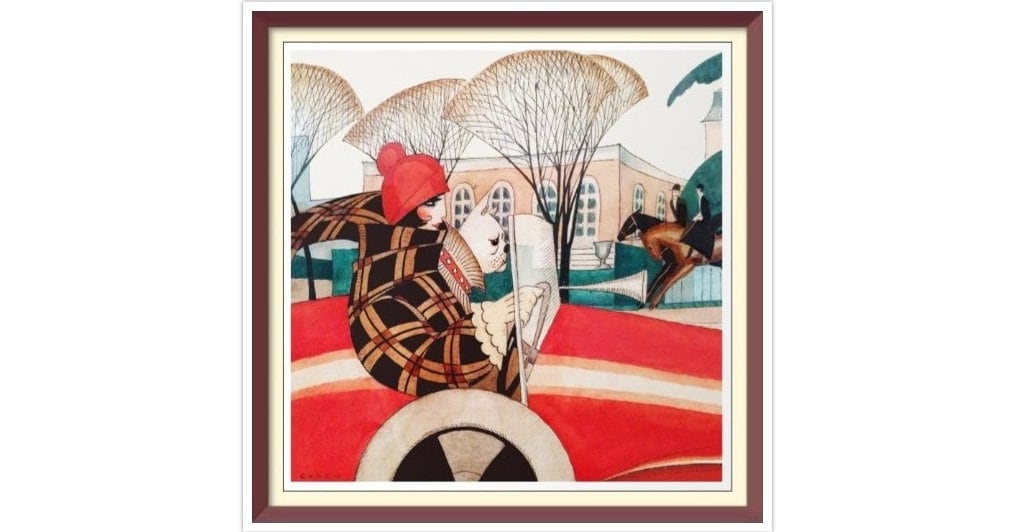 Gerda Wegener Cross Stitch Pattern: Girl and Pug in Car (PDF Pattern)