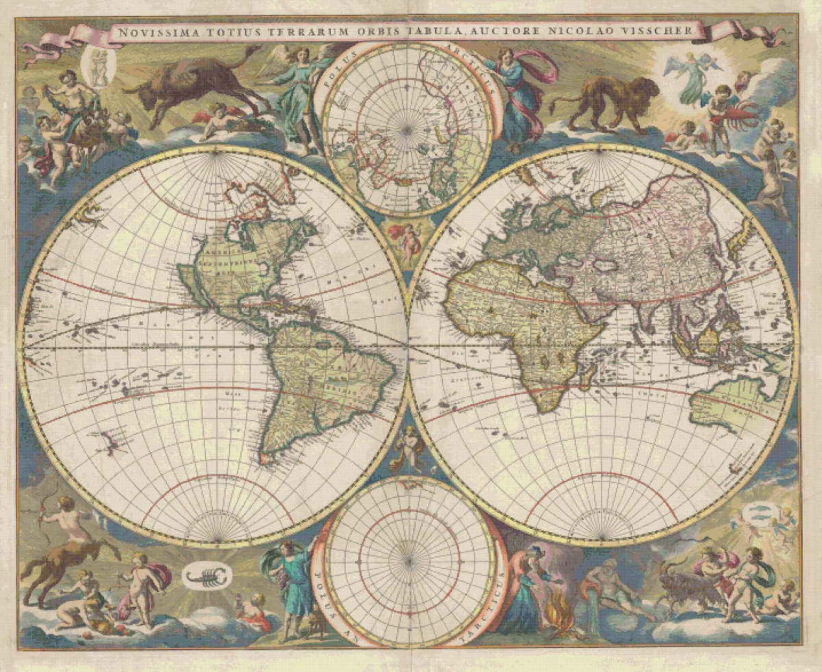 Vintage World Map Cross Stitch Pattern: Nicolaes Visscher Atlas (PDF Pattern) - Image 2