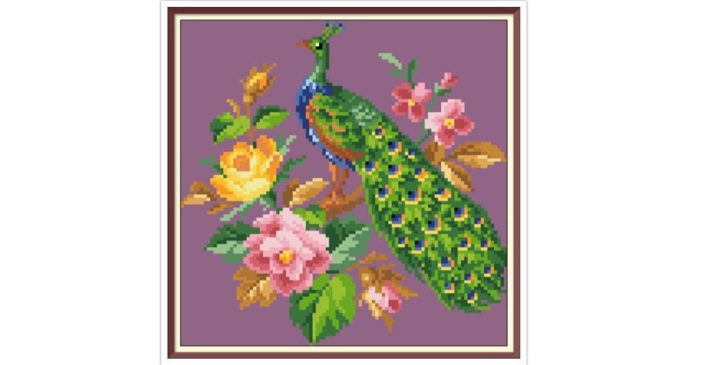 Peacock and Flowers Cross Stitch Pattern: Antique Berlin Embroidery (PDF)