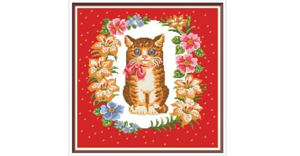 Kitten with Lilies Cross Stitch Pattern: Antique Berlin Embroidery (PDF)
