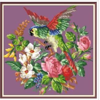 Parrot and Flowers Cross Stitch Pattern: Berlin Embroidery (PDF)