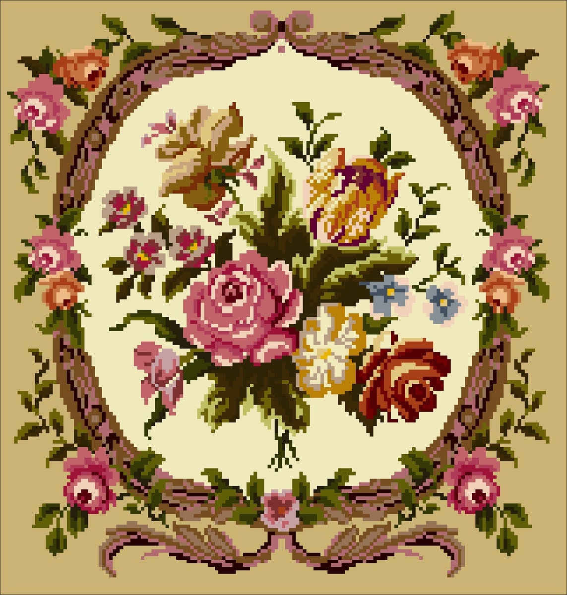 Antique Floral Cushion Cross Stitch Pattern: Berlin Embroidery (PDF) - Image 2