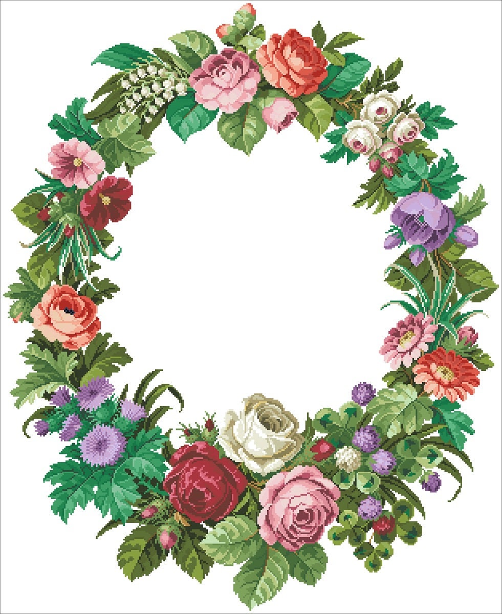 Antique Floral Wreath Cross Stitch Pattern: Berlin Embroidery (PDF) - Image 2
