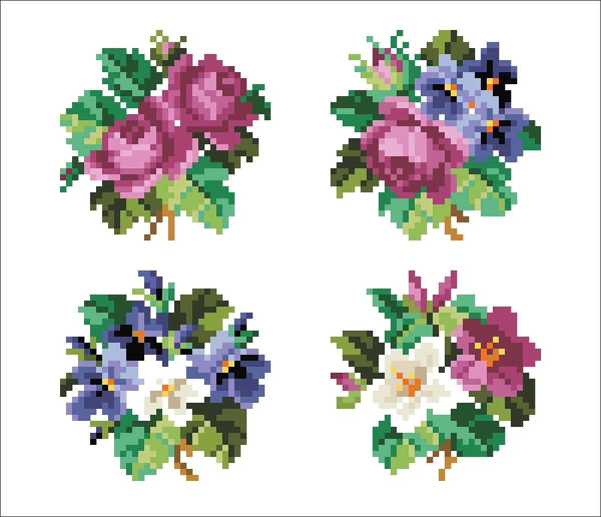 Miniature Floral Bouquets Cross Stitch Pattern: Antique Berlin Embroidery (PDF) - Image 2