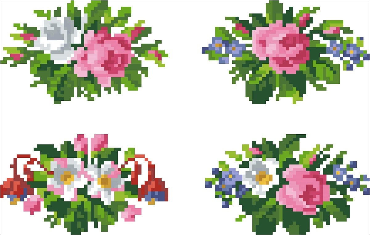 Miniature Bouquet Cross Stitch Pattern: Antique Berlin Embroidery (PDF) - Image 2