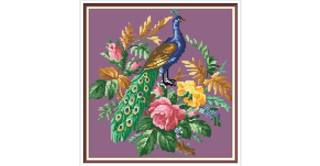Peacock Cross Stitch Pattern: Antique Floral Berlin Embroidery (PDF)