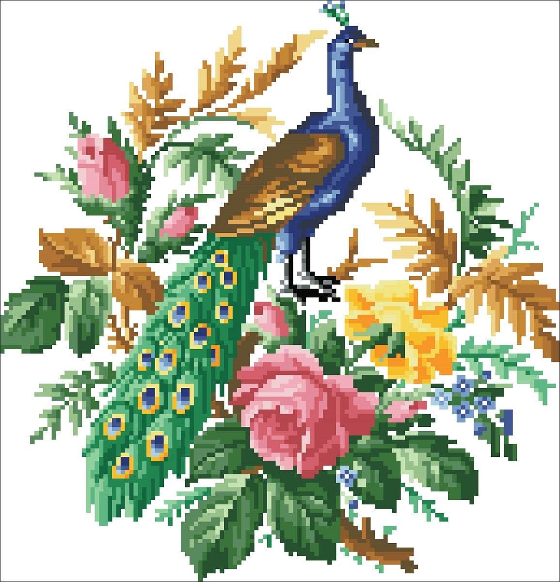 Peacock Cross Stitch Pattern: Antique Floral Berlin Embroidery (PDF) - Image 2
