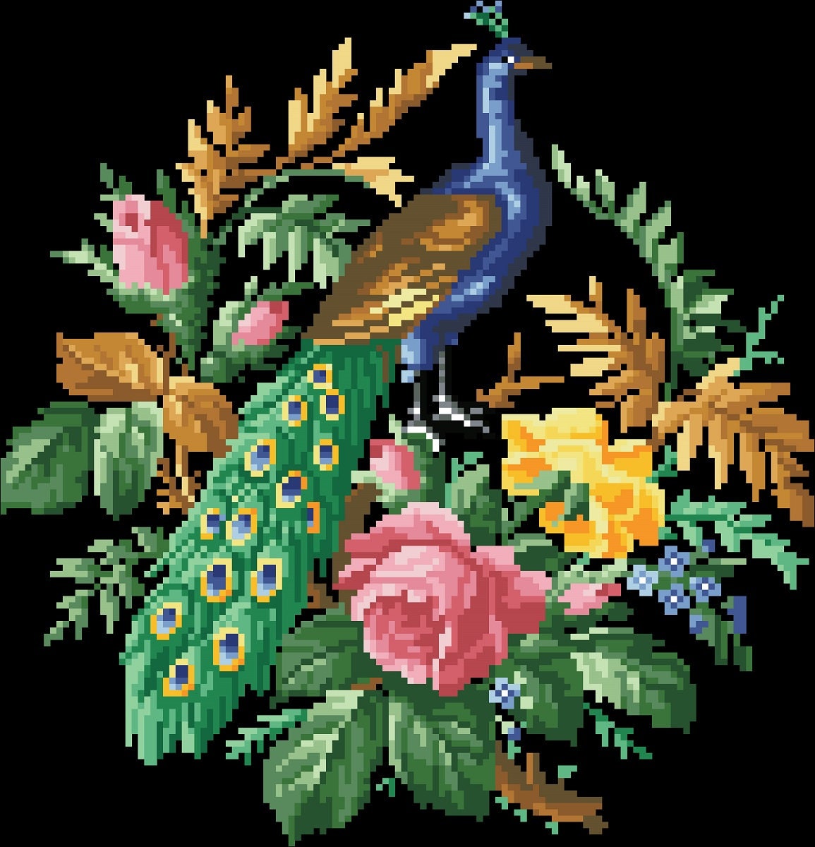 Peacock Cross Stitch Pattern: Antique Floral Berlin Embroidery (PDF) - Image 3