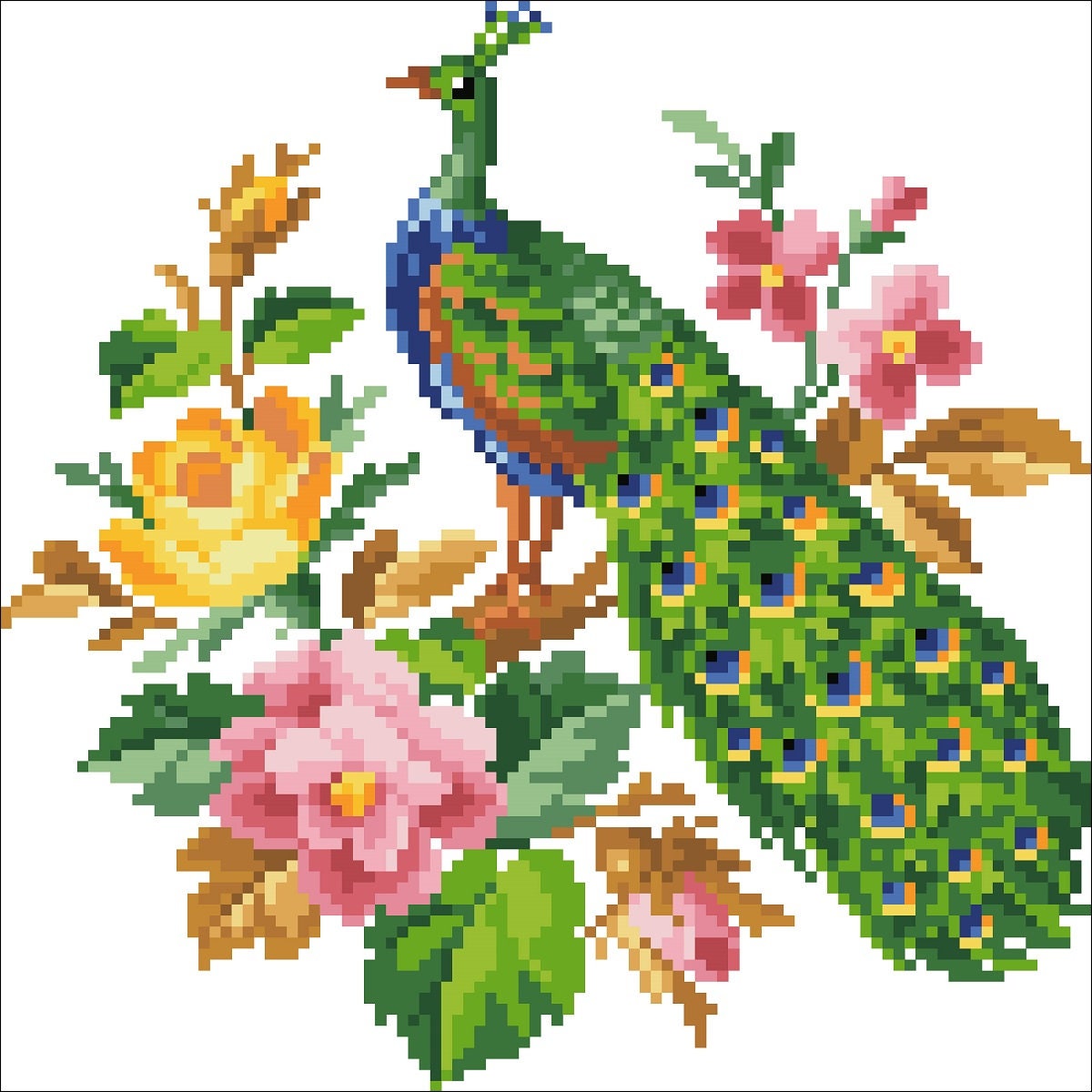 Peacock and Flowers Cross Stitch Pattern: Antique Berlin Embroidery (PDF) - Image 2