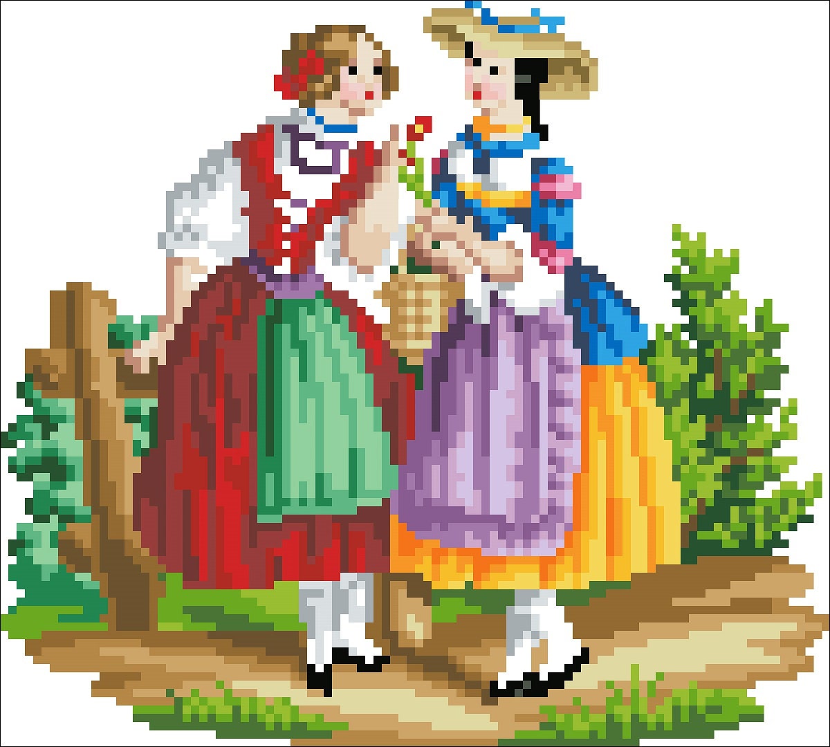 Two Girlfriends - Cross Stitch Pattern - PDF Counted Antique Cross Stitches People - Berlin Embroidery - Image 2