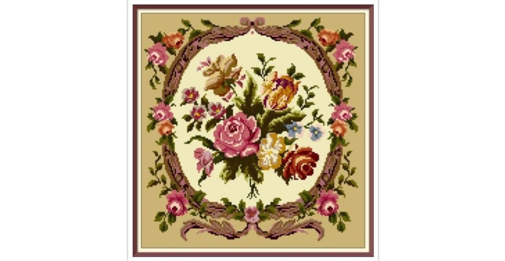 Antique Floral Cushion Cross Stitch Pattern: Berlin Embroidery (PDF)