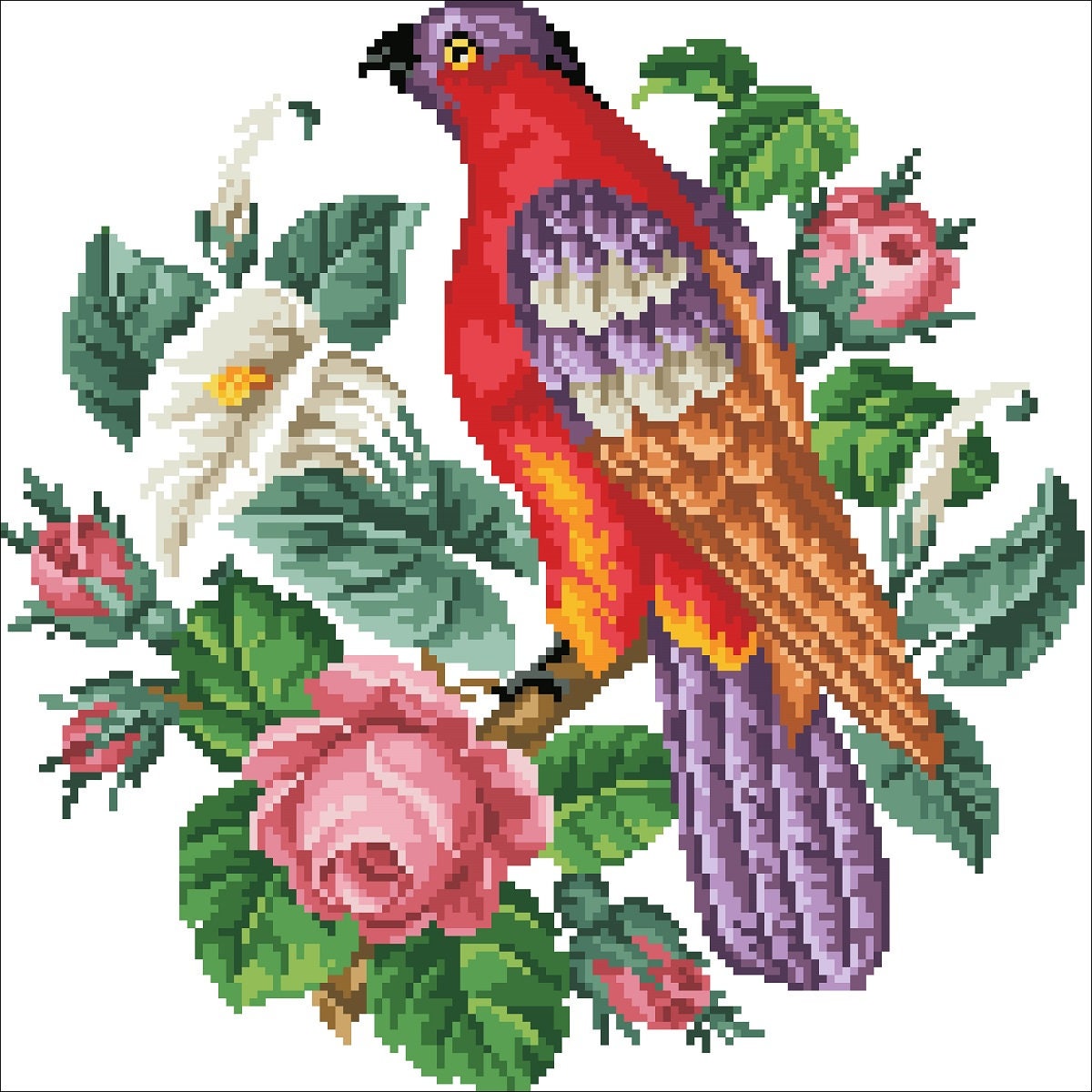 Bird and Flowers Cross Stitch Pattern: Antique Berlin Embroidery (PDF) - Image 2
