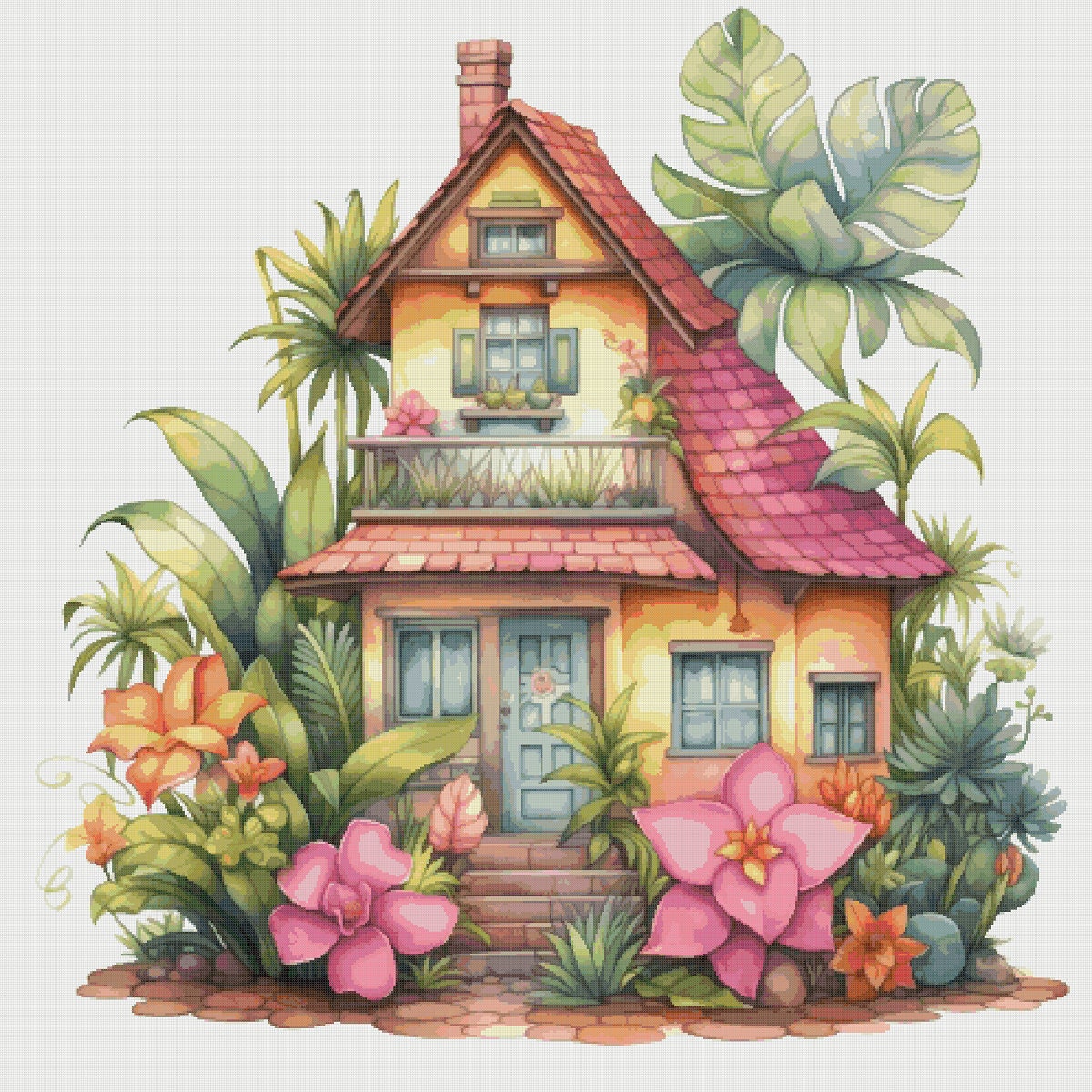 Tropical Cottage Cross Stitch Pattern: House in Flowers (PDF Pattern)