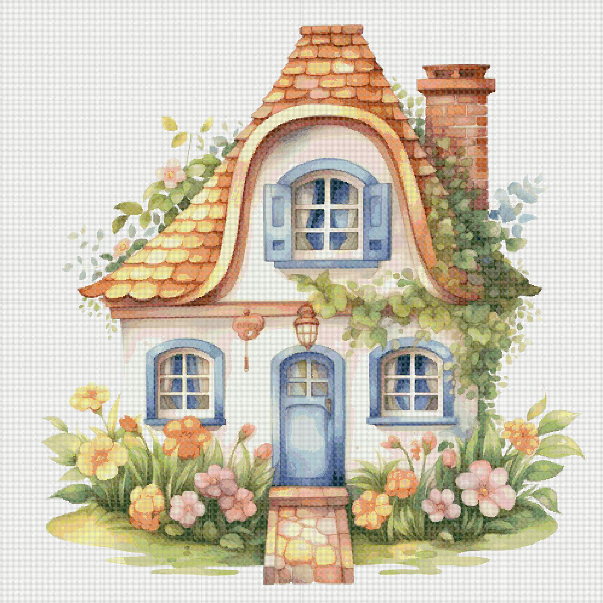 Cottage Cross Stitch Pattern: House in Flowers (PDF Download)