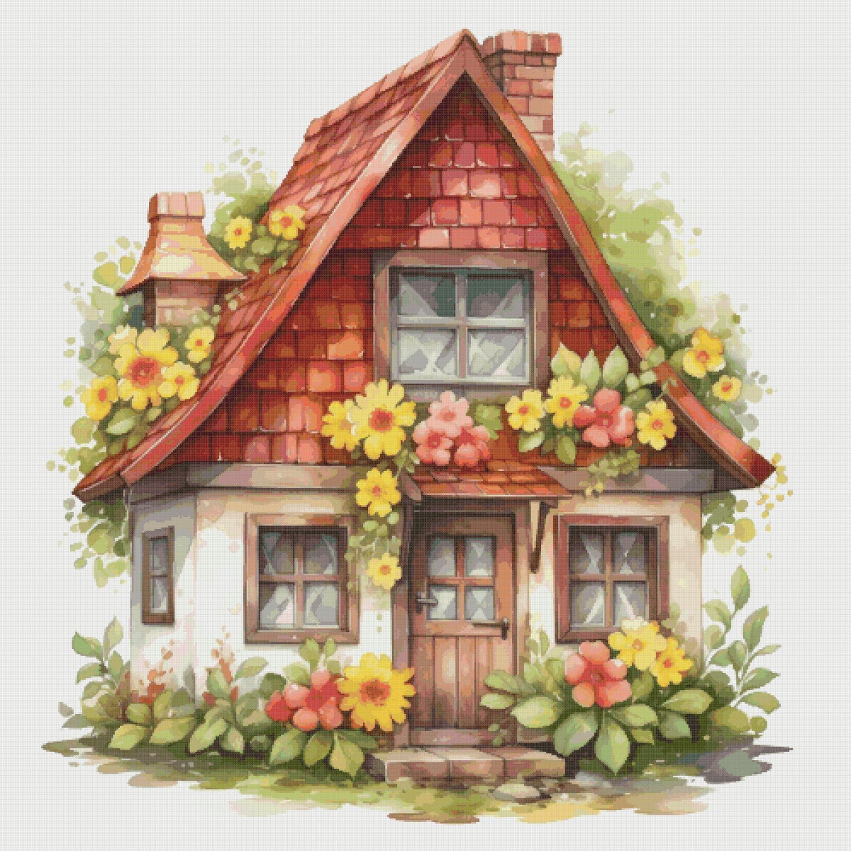 Cottage Garden Cross Stitch Pattern: Floral House Village (PDF)