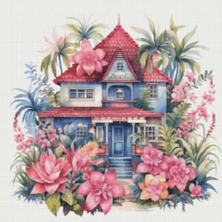 House in Garden Cross Stitch Pattern: Cottage Floral Design (PDF)