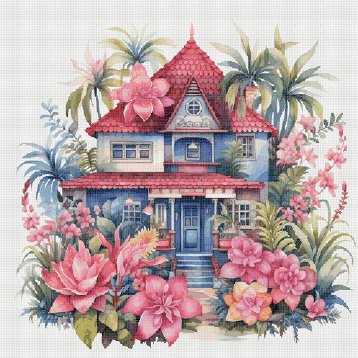 House in Garden Cross Stitch Pattern: Cottage Floral Design (PDF)