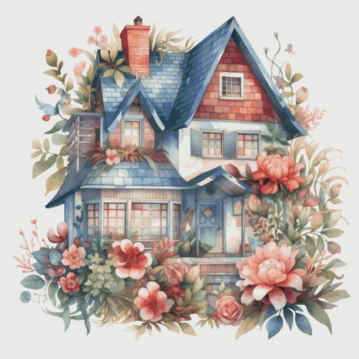 Floral Cottage Cross Stitch Pattern: House in Flowers (PDF)