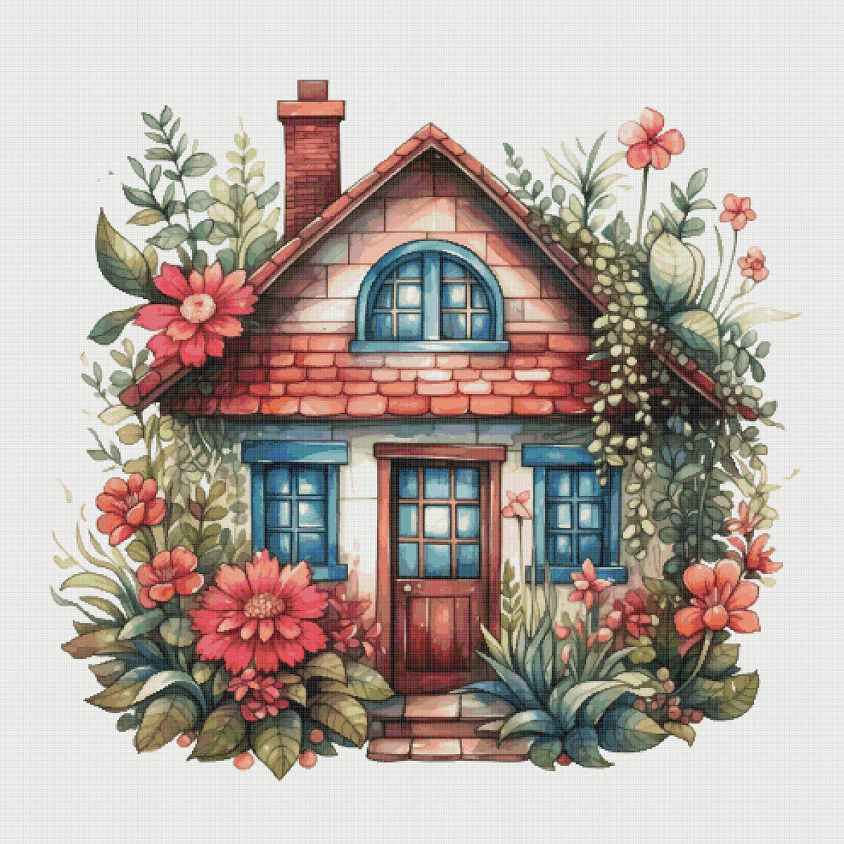 Cottage Cross Stitch Pattern: House in Flowers (PDF)