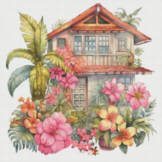 Cottage in Flowers Cross Stitch Pattern: House Village Design (PDF)
