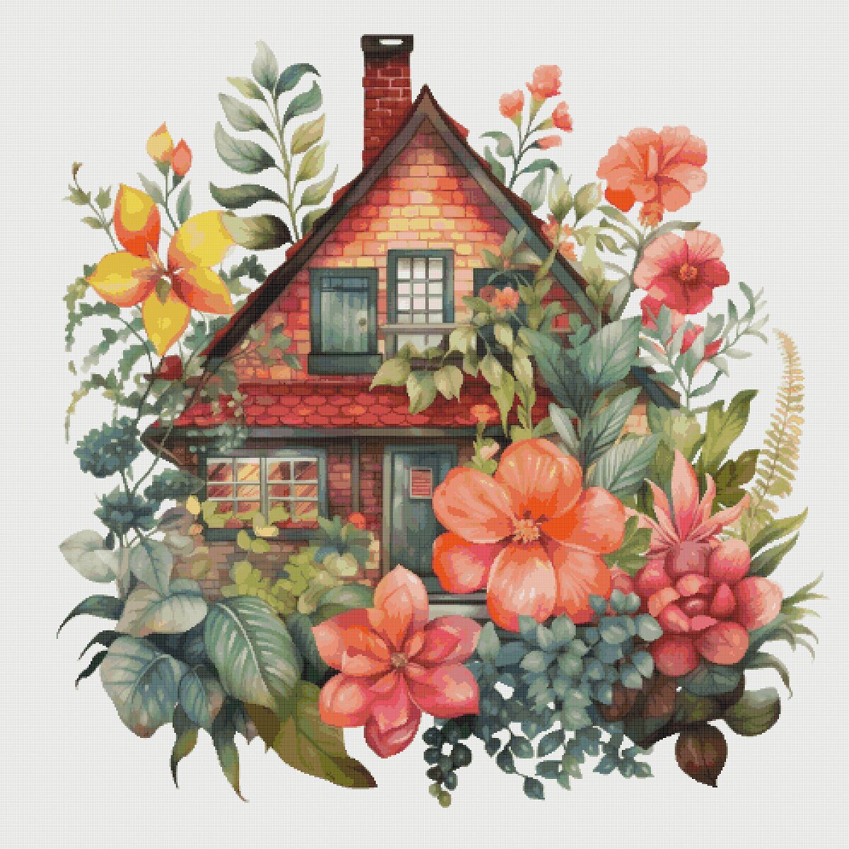 Floral Cottage Cross Stitch Pattern: Magical House in Garden (PDF)