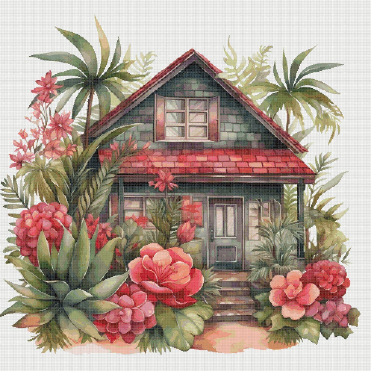 Floral Cottage Cross Stitch Pattern: Magical House in Garden (PDF)