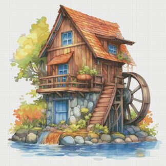 House with Mill Cross Stitch Pattern: River Cottage (PDF)