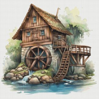 House with Mill Cross Stitch Pattern: River Cottage (PDF)