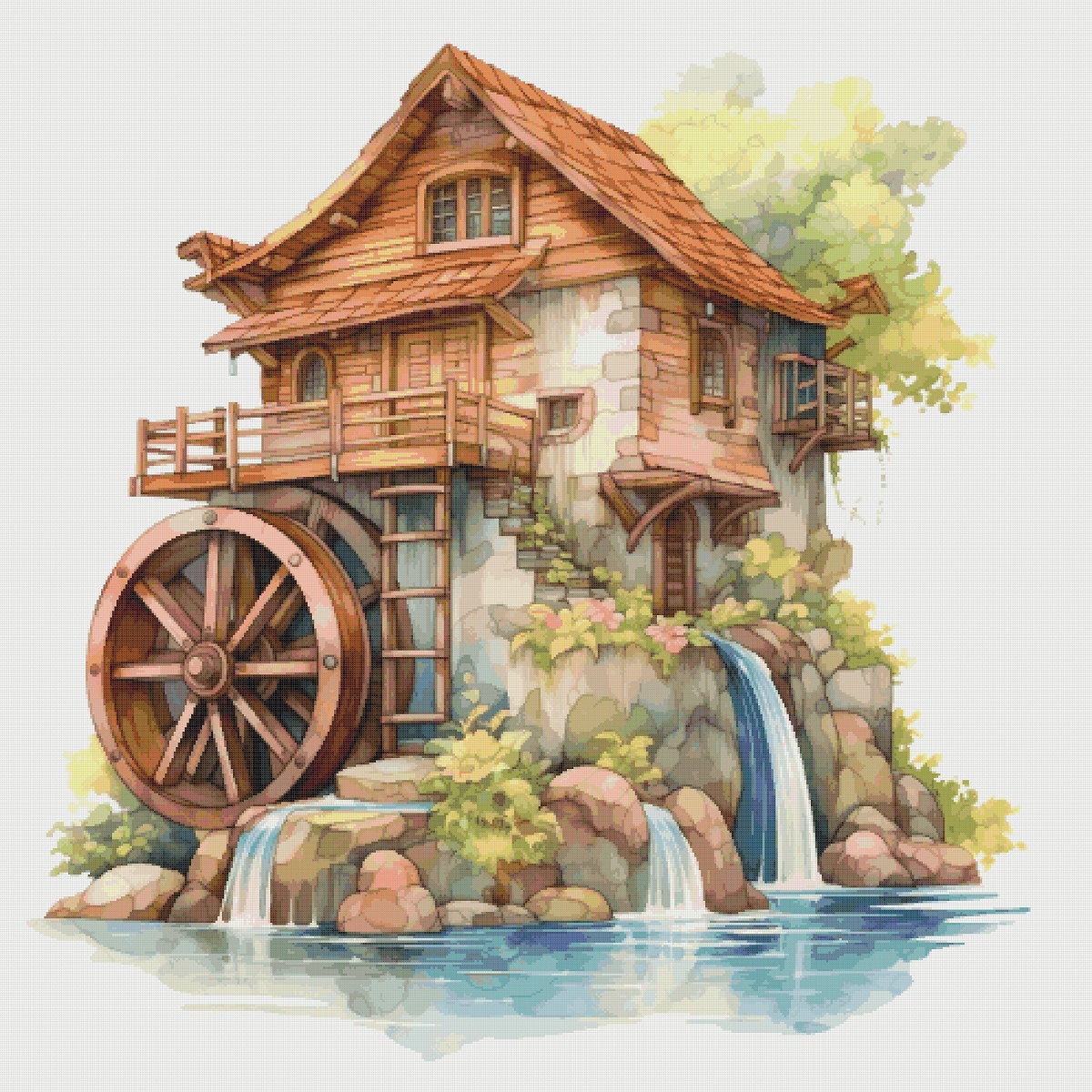 Wooden House Cross Stitch Pattern: River Mill Scene (PDF Download)