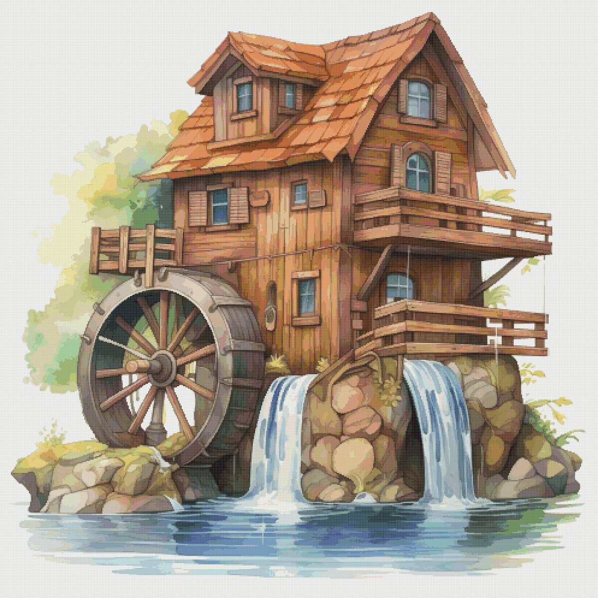 House with Mill Cross Stitch Pattern: River Cottage (PDF Pattern)