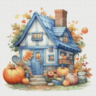 Cottage Autumn Cross Stitch Pattern: House & Pumpkins (PDF)