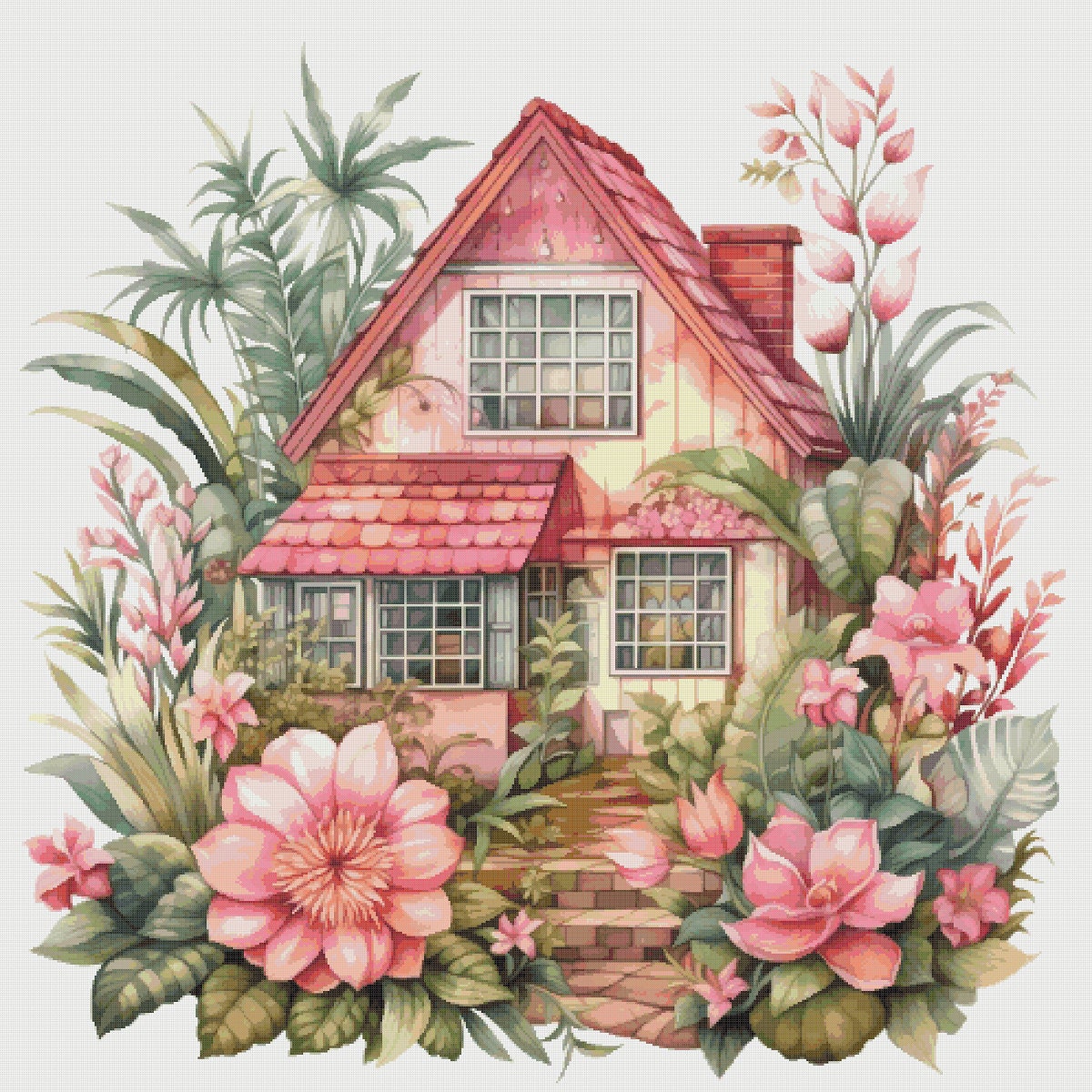 Floral Cottage Cross Stitch Pattern: Magical House in Garden (PDF)