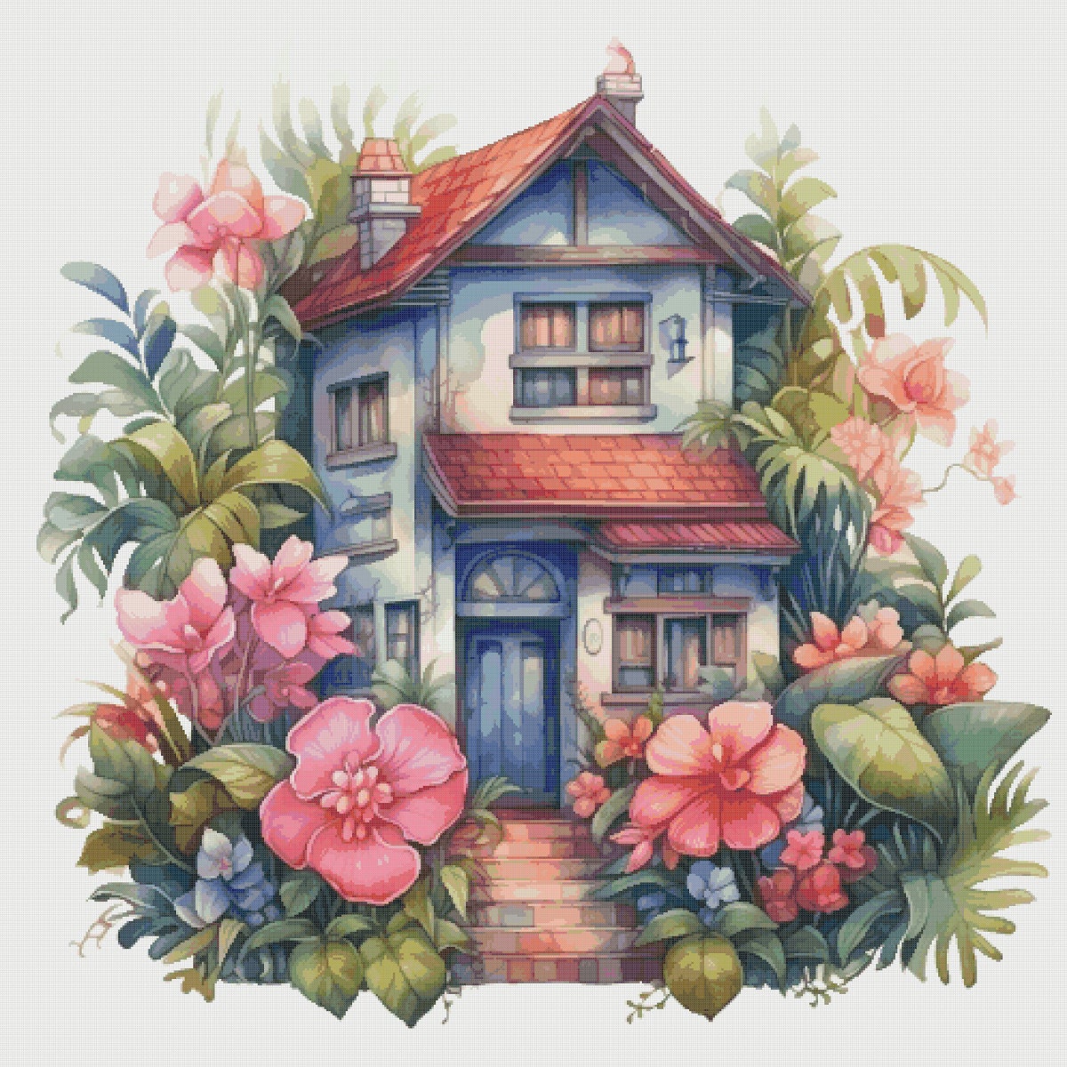 Floral Cottage Cross Stitch Pattern: Magical House in Garden (PDF)