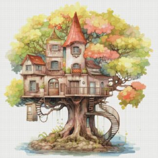 Treehouse Cottage Cross Stitch Pattern: Magical Village Design (PDF)