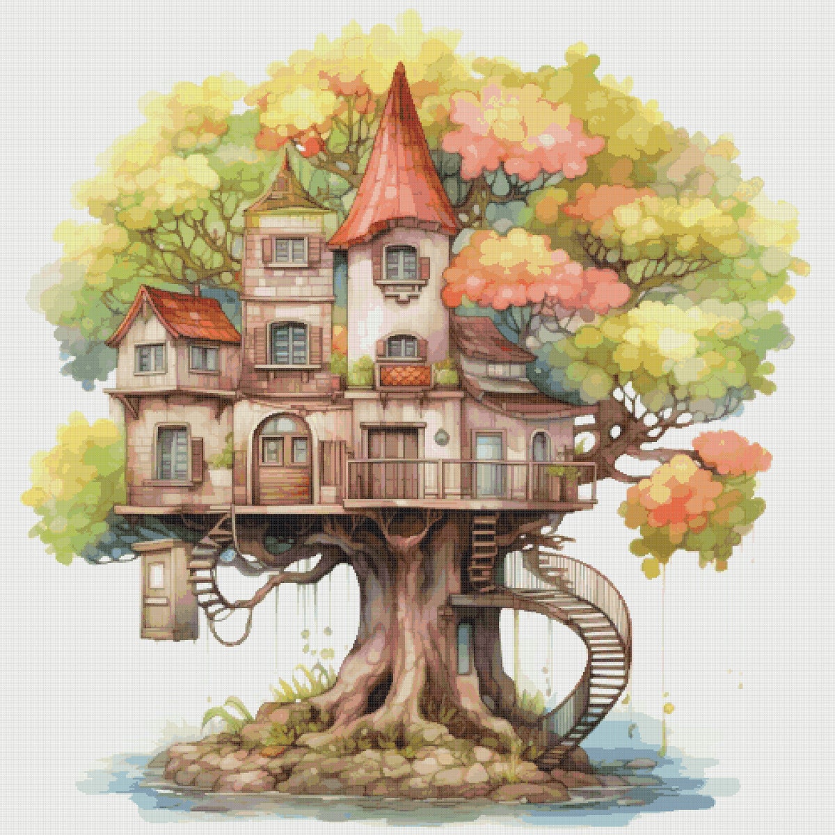 Treehouse Cottage Cross Stitch Pattern: Magical Village Design (PDF)