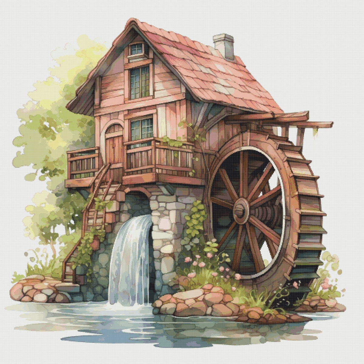 River House Cross Stitch Pattern: Wooden Mill, Magical Landscape (PDF)