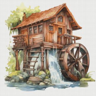House with Mill Cross Stitch Pattern: River Cottage (PDF)