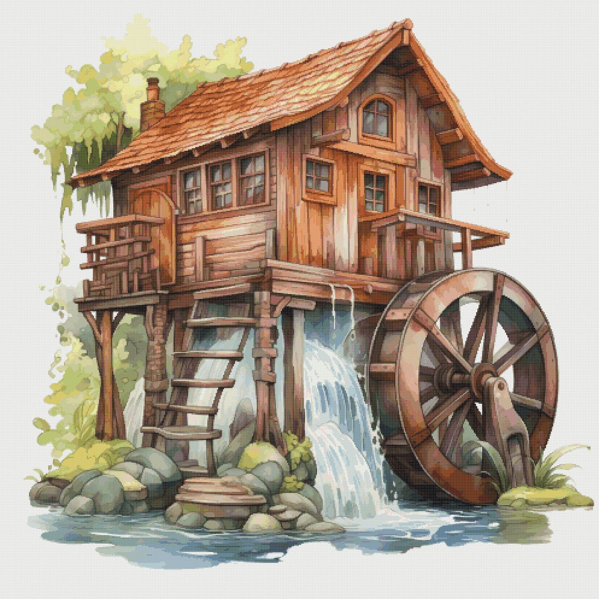 House with Mill Cross Stitch Pattern: River Cottage (PDF)