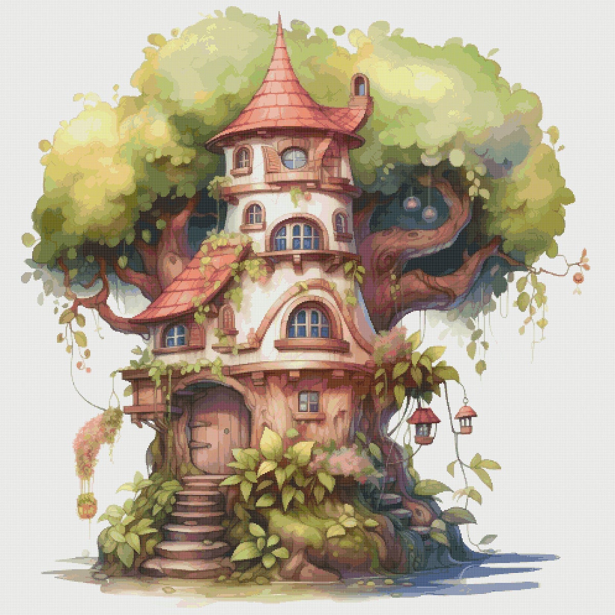 Treehouse Cottage Cross Stitch Pattern: Magical Village Design (PDF)