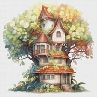 Treehouse Cottage Cross Stitch Pattern: Magical Village Design (PDF)