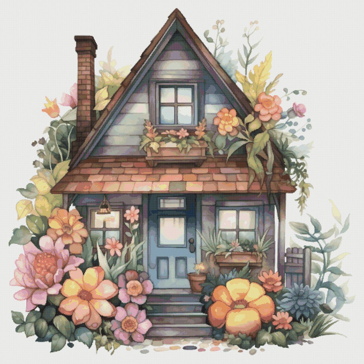 Autumn Cottage Cross Stitch Pattern: Floral House in Garden (PDF)
