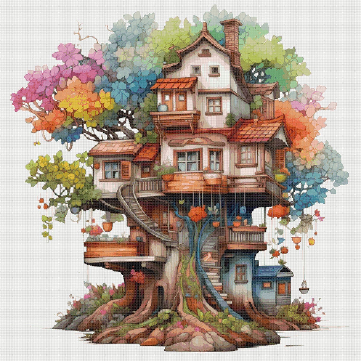 Treehouse Cross Stitch Pattern: Magical Cottage Village (PDF Pattern)