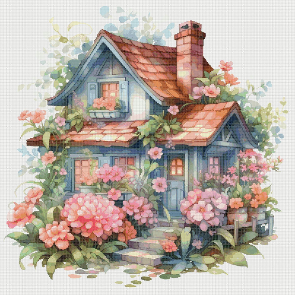 Cottage Garden House Cross Stitch Pattern: Floral Village Design (PDF)