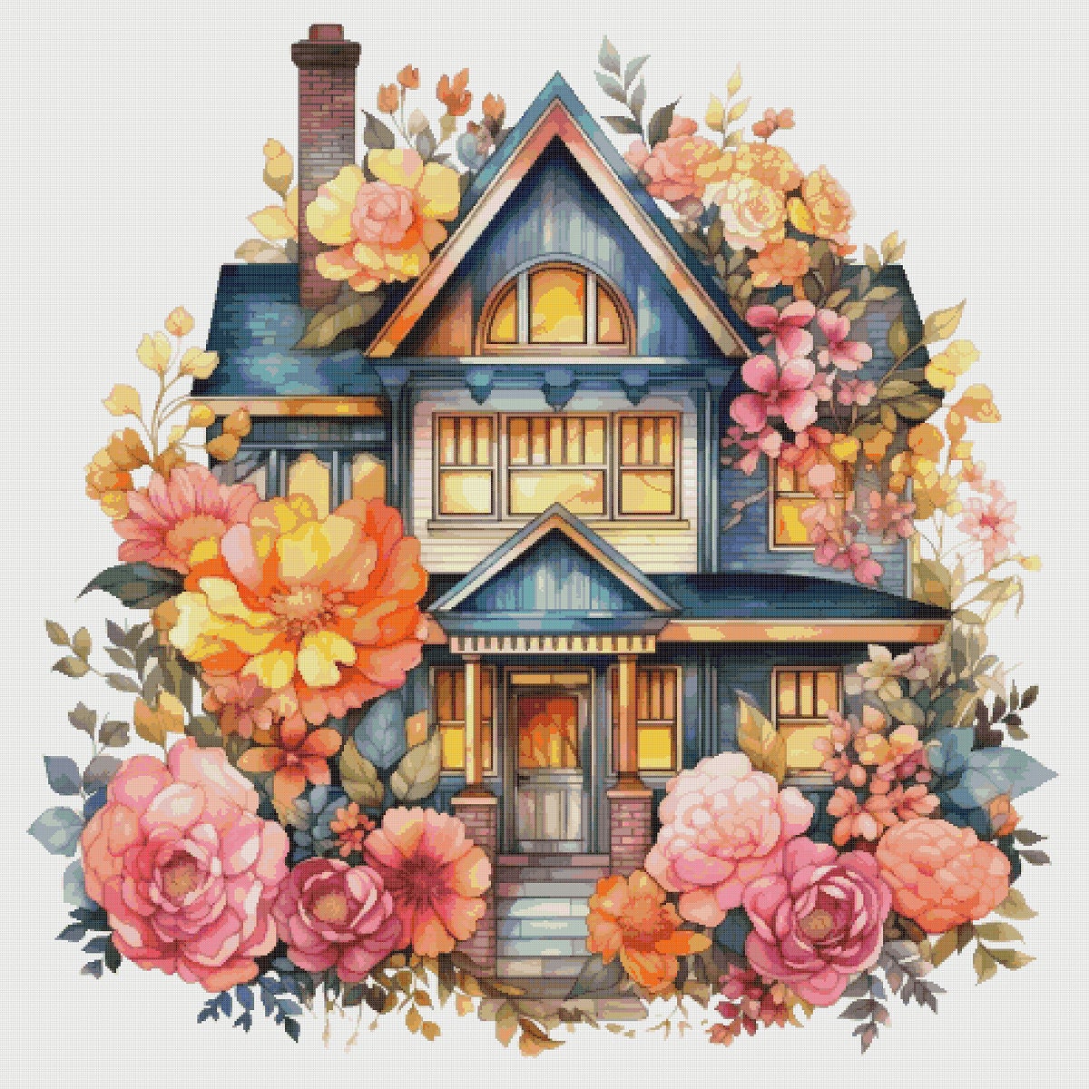 Cottage with Roses Cross Stitch Pattern: Floral House (PDF)