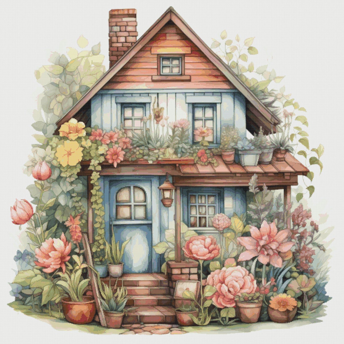 Cottage Cross Stitch Pattern: House in Flowers (PDF Pattern)