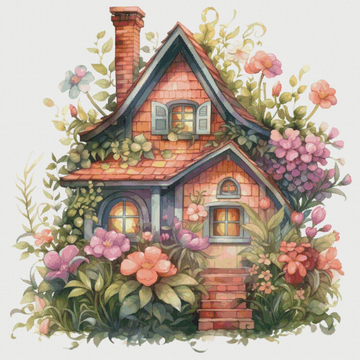 Cottage Cross Stitch Pattern: Magical House in Flowers (PDF Pattern)