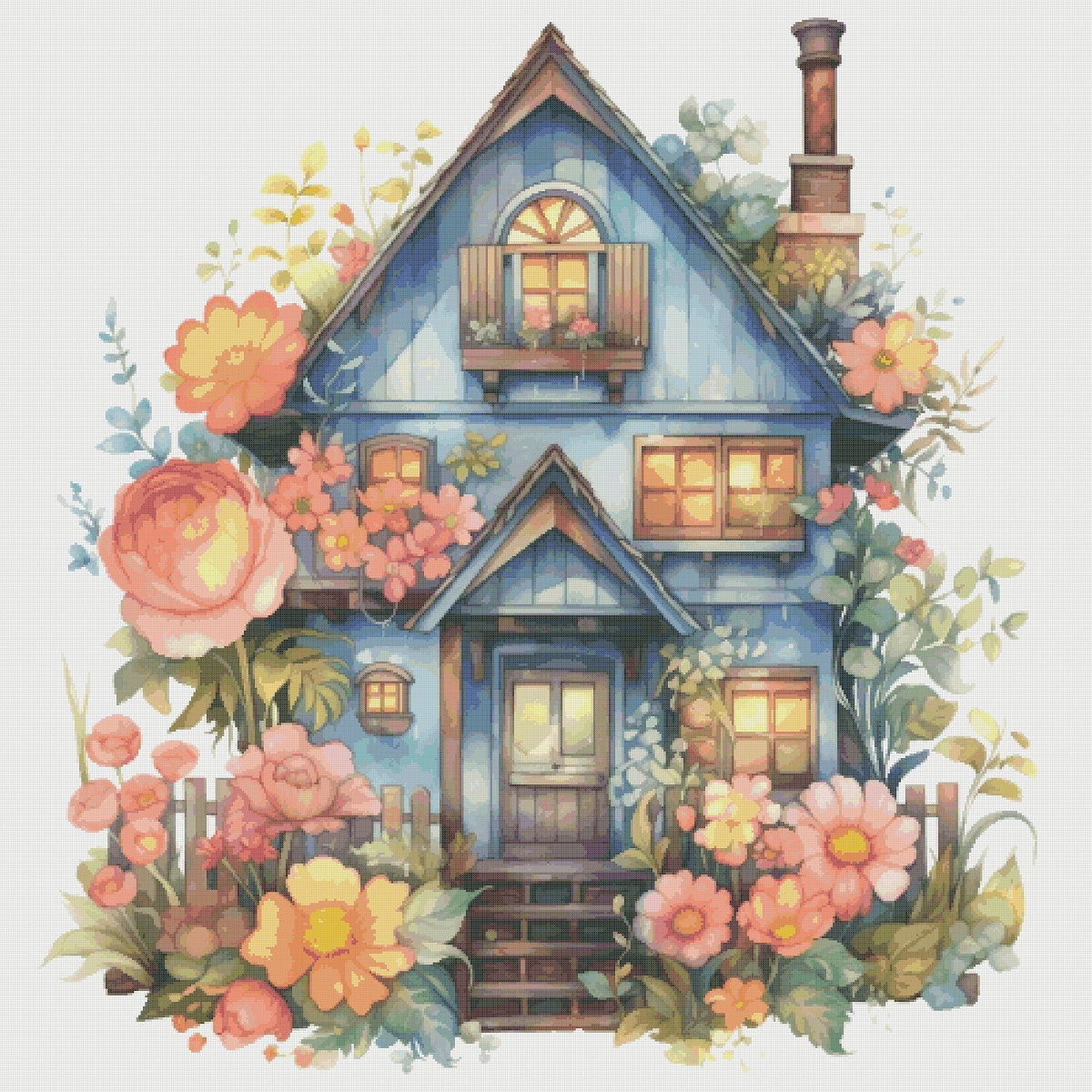 Cottage Cross Stitch Pattern: Floral House Village (PDF Pattern)
