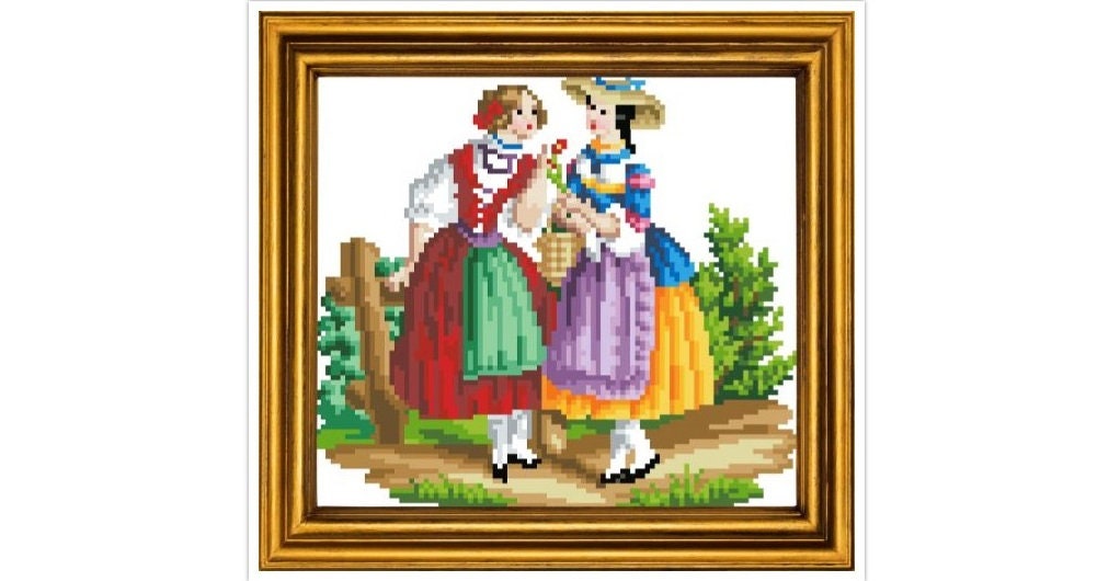 Two Girlfriends - Cross Stitch Pattern - PDF Counted Antique Cross Stitches People - Berlin Embroidery
