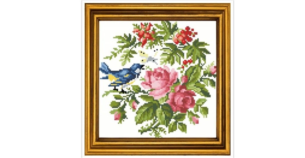 Bird and Butterfly Cross Stitch Pattern: Antique Floral Berlin Embroidery (PDF)